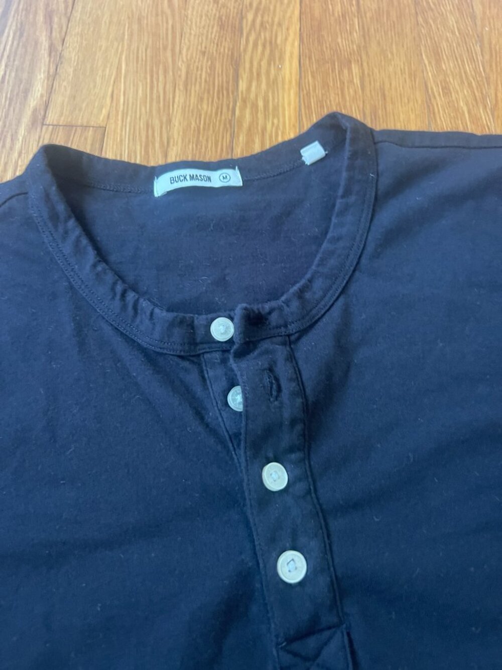 Buck Mason Black Curved Hem Henley Long-Sleeve Shirt - Men's Medium - Picture 3 of 5